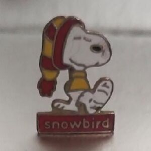 vintage snowbird Snoopy pin with a broken leg in a cast.